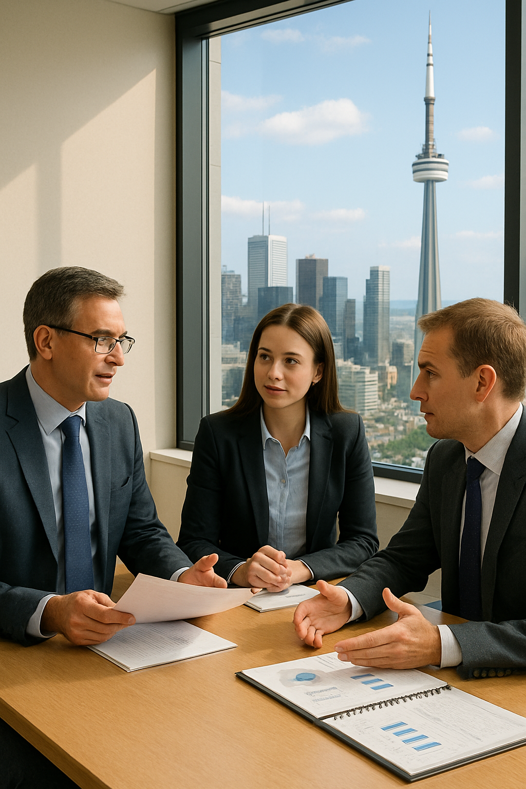 image showing Canadian business men and woman discussing business issues.