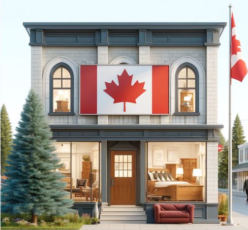 a Canadian furniture shop with a pine tree beside it and a Canadian flag nearby.